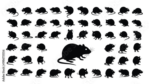 Numerous black mouse and rat silhouettes in various poses, suitable for educational materials, animalthemed projects, and wildlife studies focusing on rodents and pests.