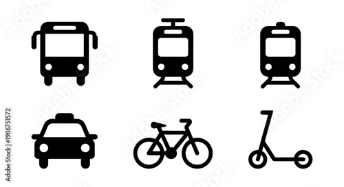Public transportation icon set, black silhouette vector elements for urban travel, 6 transport symbols including bus, train, taxi, bicycle and scooter