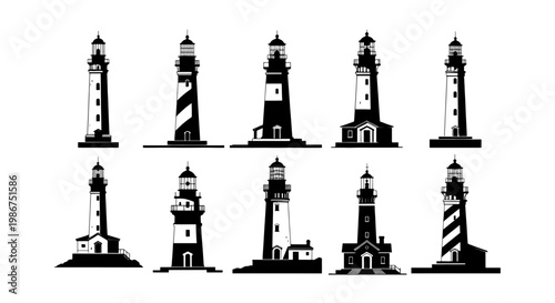 Nautical lighthouse silhouette collection, set of 10 black and white beacon icons, maritime coastal tower vector illustrations for navigation and travel design