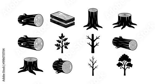 Vintage wood logs and tree stump icons, 12 monochrome timber industry vector elements, rustic lumberjack woodcraft symbols for woodworking