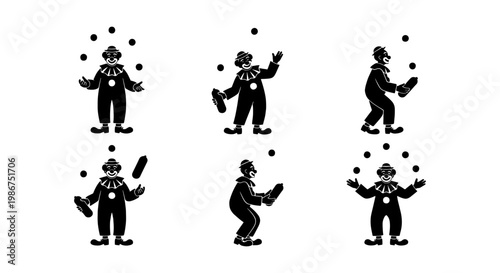 Vintage circus clown silhouette set, retro juggling performer icons, black and white carnival entertainer vector collection, 6 circus character elements