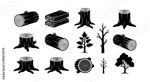 Vintage wood logs and tree stumps collection, black and white timber industry icons, set of 13 forestry elements for woodworking and outdoor branding