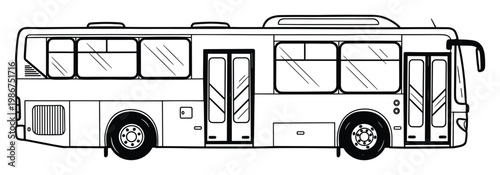 A comprehensive black and white line drawing of a public transport bus for urban travel and city commuting perfect for graphic design projects school materials or transportation themed media