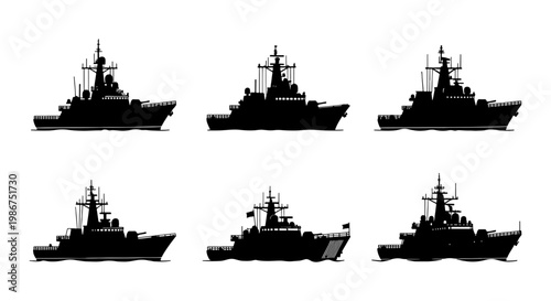 Military warship silhouette collection, set of 6 naval destroyer and frigate icons, black battleship vector illustrations for marine defense design