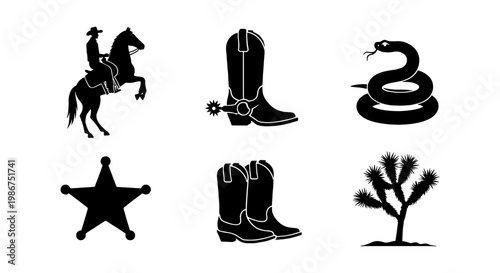 Wild West cowboy silhouette icons, set of 6 black western vector elements, sheriff star and cowboy boots graphics, desert snake and joshua tree symbols