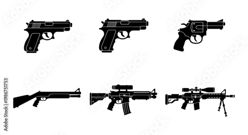 Black firearm silhouettes set, collection of 6 gun icons including pistols and rifles, tactical weapon vector illustrations for gaming and security