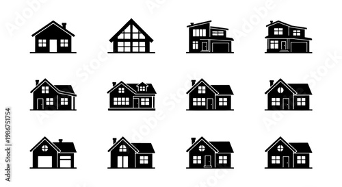 Minimalist house icons set, 12 black residential building silhouettes, modern real estate architecture symbols for web design and property maps