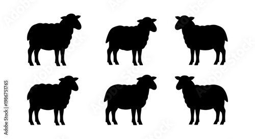 Black sheep silhouette collection, set of 6 farm animal vector icons, minimalist livestock lamb shapes for agriculture branding and logo design