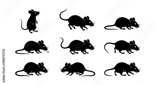 Black mouse silhouette collection, set of 9 rodent icons in various poses, minimalist rat vector graphics for pest control and wildlife design