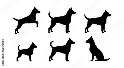 Dog silhouette vector collection, 6 black canine icons in various poses, standing and sitting pet animal silhouettes, minimalist dog breed graphics
