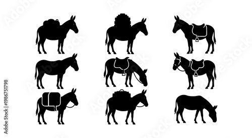 Donkey silhouette vector set, 9 pack animal icons with saddles and cargo, black mule and burro profile illustrations for farming and travel