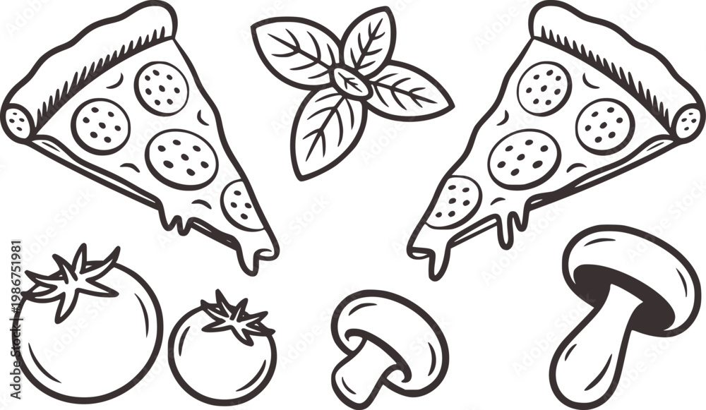 Obraz premium Hand drawn pizza slices basil tomatoes and mushrooms a white background pepperoni