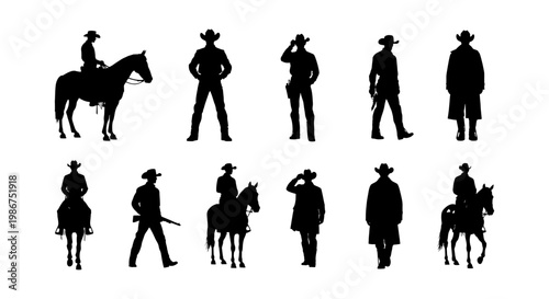 Wild West cowboy silhouettes set, 11 vector elements of western outlaws and horse riders, black male figures in hats and boots for vintage designs