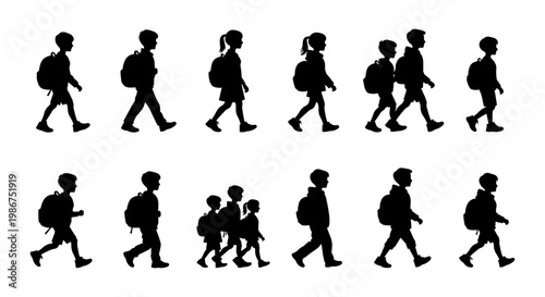 School children silhouettes with backpacks walking to class, set of 12 student vector icons, primary and middle school kids going to school