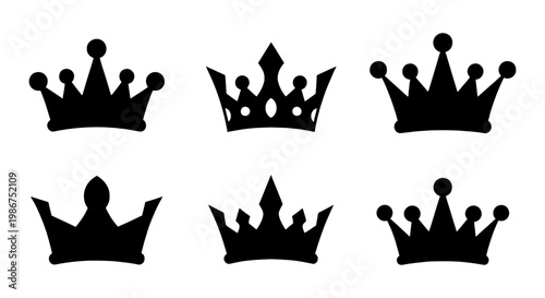 Royal crown silhouettes set, black imperial tiara icons, 6 elegant king and queen headwear vector elements for luxury branding and logo design