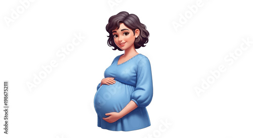 Happy pregnant woman in blue dress holding her belly, illustration of expectant mother