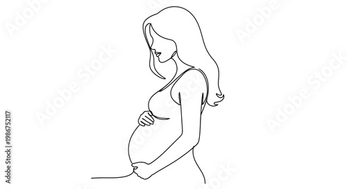 Pregnancy woman line art drawing of a pregnant mother holding her belly with love and care