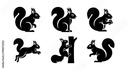 Black squirrel silhouette collection, 6 vector squirrel icons in various poses, minimalist woodland animal set for nature branding and logo design