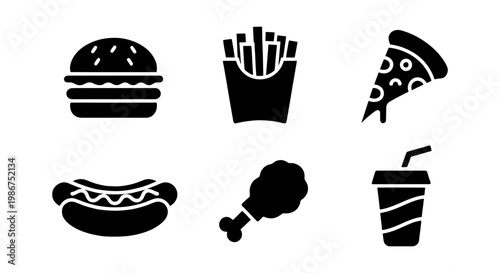 Fast food icon set with 6 black solid vector elements, minimalist restaurant menu symbols, burger pizza and hot dog silhouettes for takeaway apps