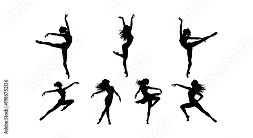 Graceful ballerina silhouettes set, elegant ballet dancer vector collection, 7 female dancers in expressive poses, black dance figures on white background