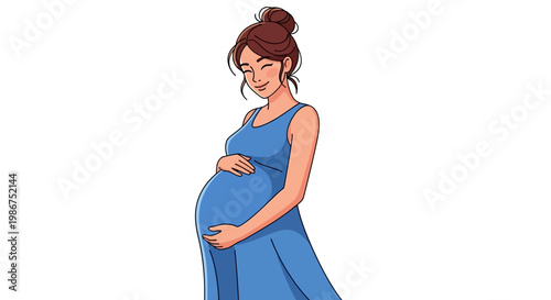 Joyful illustration of a pregnant woman smiling and gently holding her baby bump, symbolizing maternal love and new beginnings