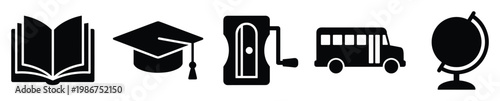 Collection of education related silhouette icons including an open book, graduation cap, pencil sharpener, school bus, and a globe for academic and learning themed projects