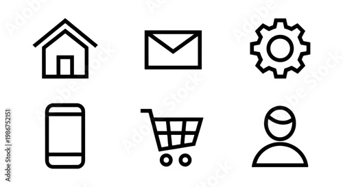 Minimalist black line web icons set, 6 essential interface symbols for mobile apps, modern outline vector elements for e-commerce and navigation