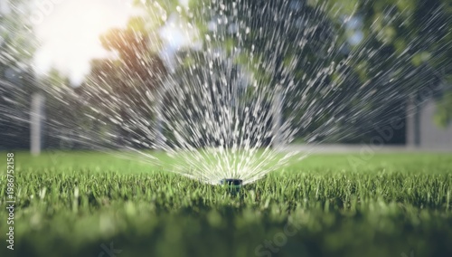 A close-up of a lawn sprinkler watering green grass on a sunny day with water droplets spreading out in a circular pattern.