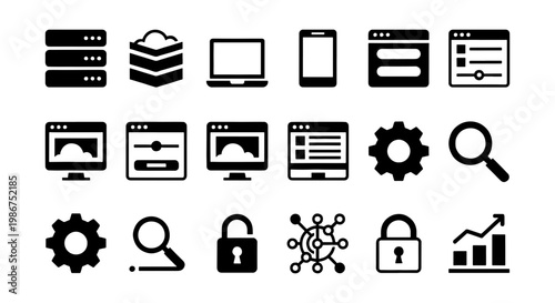 Data hosting and cloud computing icons, 18 black solid vector symbols for network infrastructure, server management and cybersecurity interface