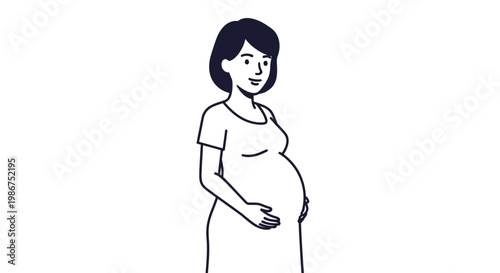 Illustration of a pregnant woman holding her belly with a smile, depicting pregnancy and expecting motherhood