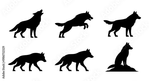 Wolf silhouette vector collection, 6 wild animal icons in various poses, howling and running timber wolf set, black coyote and husky dog shapes