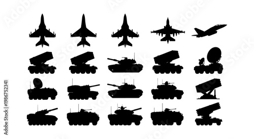 Military vehicle silhouettes collection, 20 army tank and fighter jet icons, black war machine vector set for tactical defense infographics