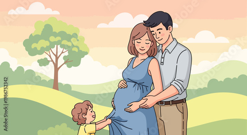 A happy family of three, with a pregnant mother, a father, and a young daughter, celebrating upcoming parenthood and family growth, in a warm and inviting home setting