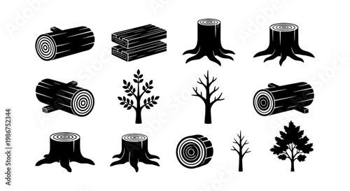 Black and white wood log icons set, timber industry lumber and tree stump vector elements, forestry and carpentry woodcraft symbols