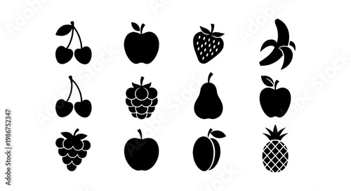 Minimalist black fruit icons set, collection of 12 organic food silhouettes, flat vector fruit symbols for grocery and healthy lifestyle branding