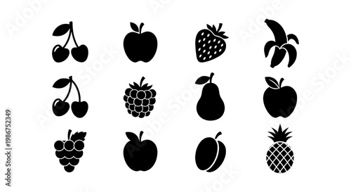 Minimalist fruit icon set with 12 black silhouettes, flat vector fruit symbols for grocery and food apps, organic produce graphic elements