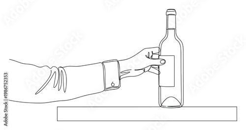 Continuous line drawing of a persons hand in a cuffed shirt sleeve grasping a wine bottle with a blank label standing on a shelf, useful for beverage marketing, product display, and