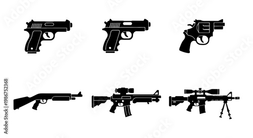 Black firearm silhouette icons, set of 6 gun vector illustrations, military assault rifle and handgun symbols for tactical design