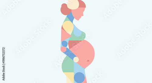 Illustration of a pregnant woman in silhouette, stylized with geometric shapes in pastel colors, symbolizing maternal health and well-being