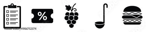 Versatile food and culinary related glyph icons featuring a checklist, percentage coupon, juicy grapes, kitchen ladle, and tasty hamburger graphic for restaurant menus and promotions.