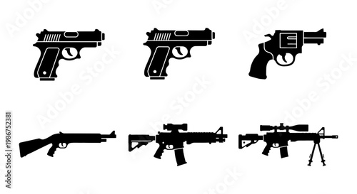 Black firearm silhouettes set of 6 icons, tactical weapon vector collection, handgun and rifle symbols for security and defense concepts
