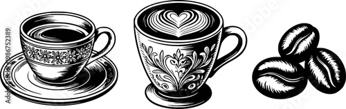 Black and white of coffee cups with latte and coffee beans
