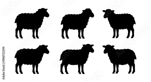 Black sheep silhouette collection, set of 6 farm animal vector icons, minimalist livestock sheep profiles for agricultural branding and logo design