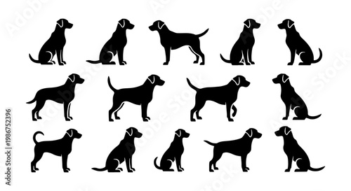Black labrador retriever silhouettes set, 14 dog vector icons in sitting and standing poses, pet animal profile shapes for veterinary and kennel branding
