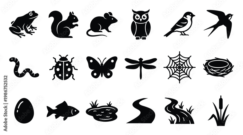 Fototapeta premium Set of wildlife and nature icons depicting various animals insects birds fish and environmental elements suitable for educational materials or conservation themes
