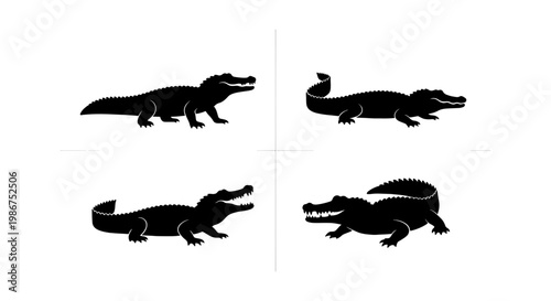 Black crocodile silhouette set, alligator vector icons in various poses, predatory reptile collection for logo design and wildlife branding