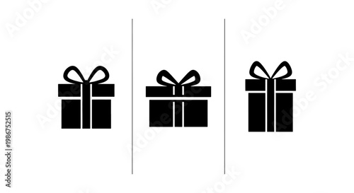 Minimalist gift box icons set, black silhouette present symbols with ribbons, collection of 3 vector holiday gift elements for e-commerce and retail