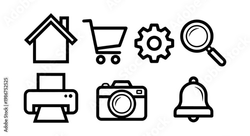 Minimalist black line icons set, 7 essential interface symbols for web and mobile apps, modern outline vector collection for digital navigation