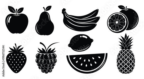 Collection of various fresh fruit silhouettes perfect for healthy food branding grocery store promotions and natural product packaging designs