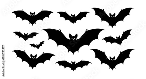 Spooky Halloween bat silhouettes set, black flying bats collection, 10 vector bat icons for gothic design and horror party decorations